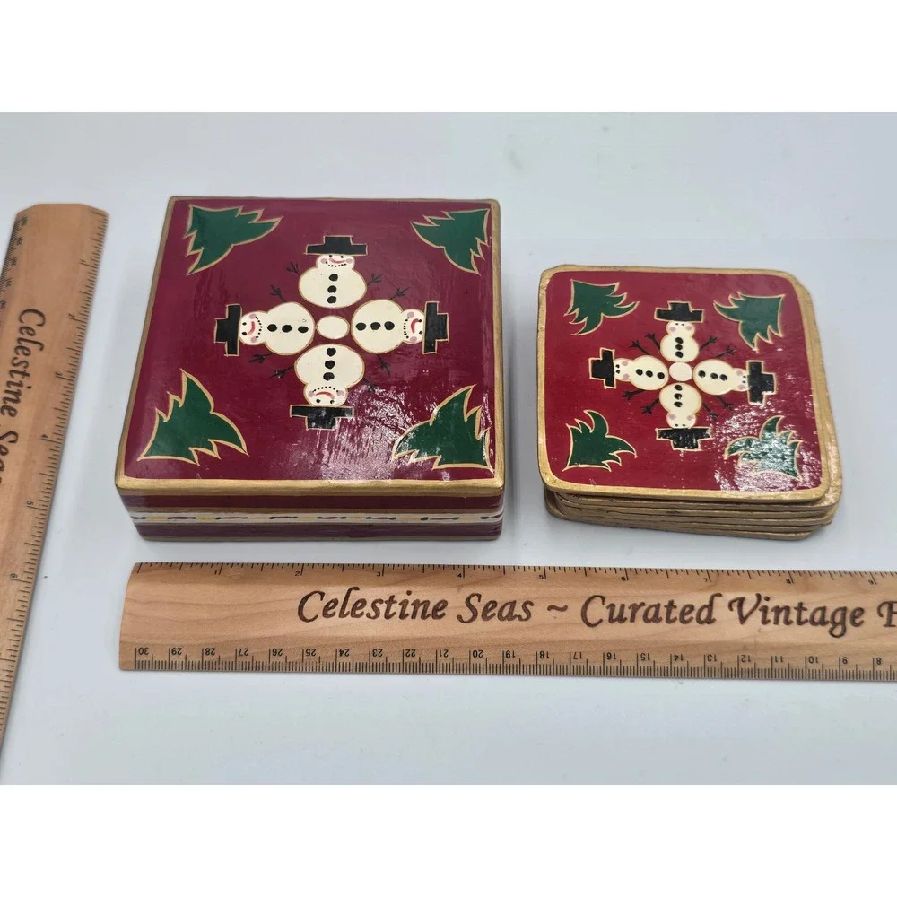 Vintage Foreside Hand-Painted Lacquer Wood Christmas Coaster Set of 6 with Box
